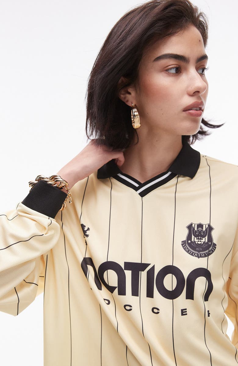 Topshop Stripe Soccer Long Sleeve Johnny Collar Graphic Polo, Alternate, color, 