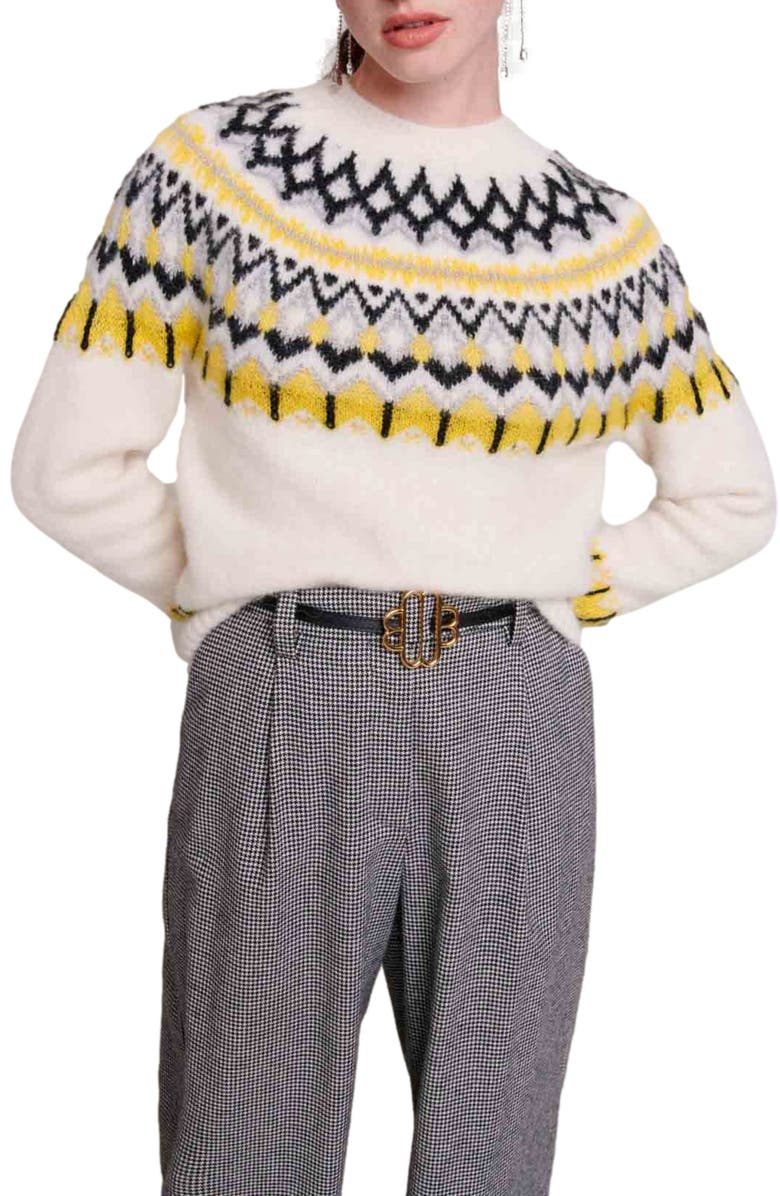 maje Mamonix Fair Isle Metallic Sweater, Alternate, color, Ecru / Yellow