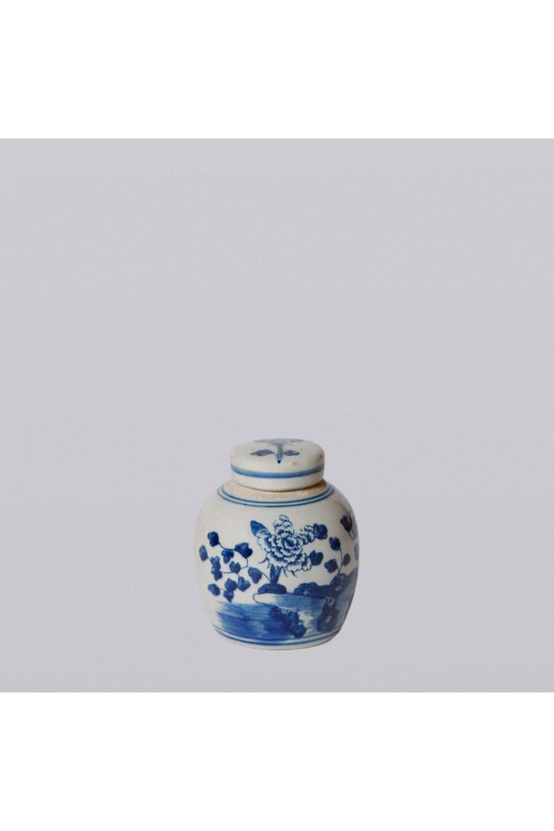Porcelain Mini Peony Floral Round Jar, Main, color, Blue + White