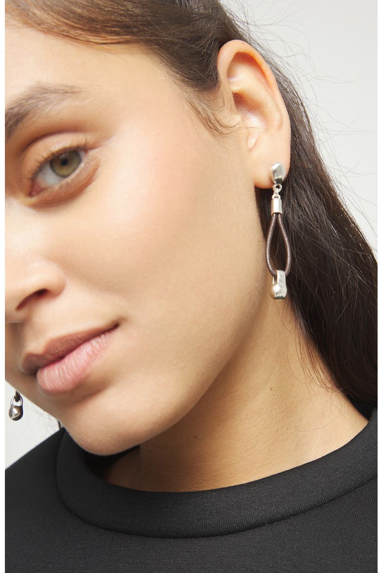 Long Leather Earrings with Sterling Silver-Plated Dial Detail, Alternate, color, Silver