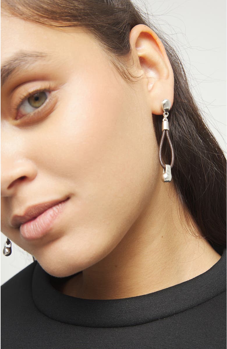 UNODE50 Long leather earrings with sterling silver-plated dial detail, Alternate, color, Silver