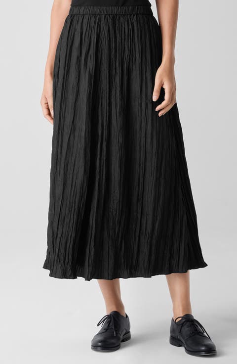Crinkled Silk Midi Skirt (Petite)