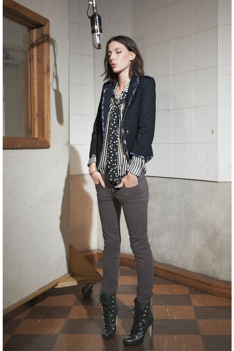 Mix Print Tie Neck Shirt, Alternate, color, BLACK/ WHITE STRIPE