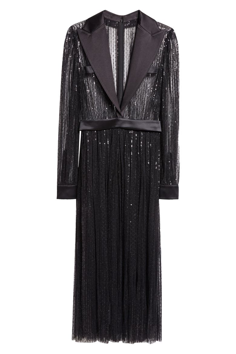 Sequin Sheer Long Sleeve Blazer Midi Dress, Alternate, color, N0000 NERO