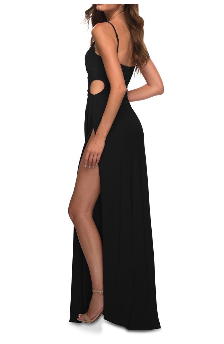 La Femme Prom Dress with Side Cut Out and High Side Slit, Alternate, color, Black