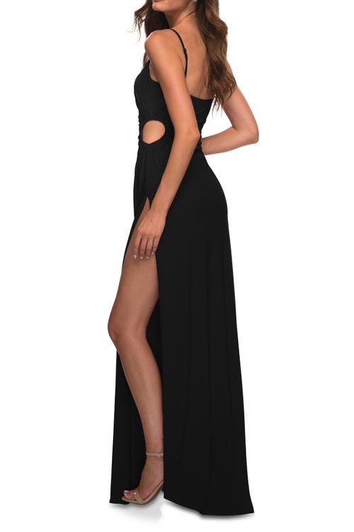 La Femme Prom Dress With Side Cut Out And High Side Slit In Black