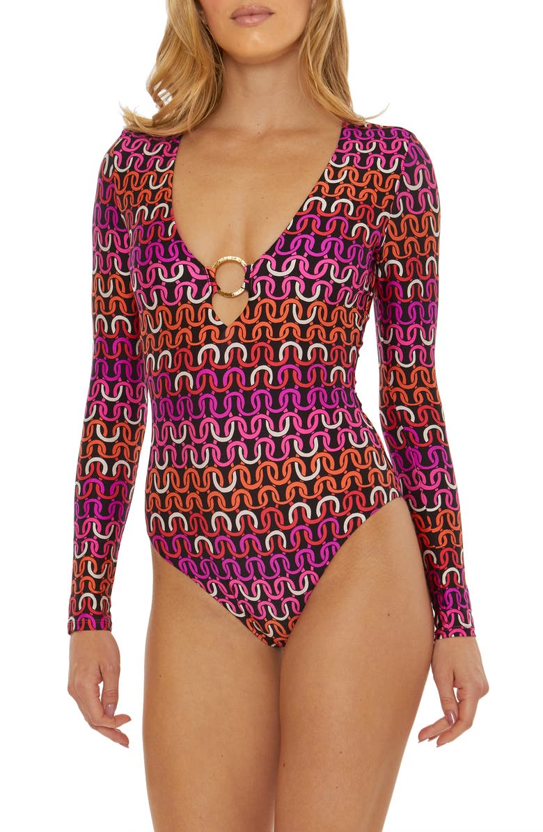 Trina Turk Echo Long Sleeve One-Piece Swimsuit, Main, color, 