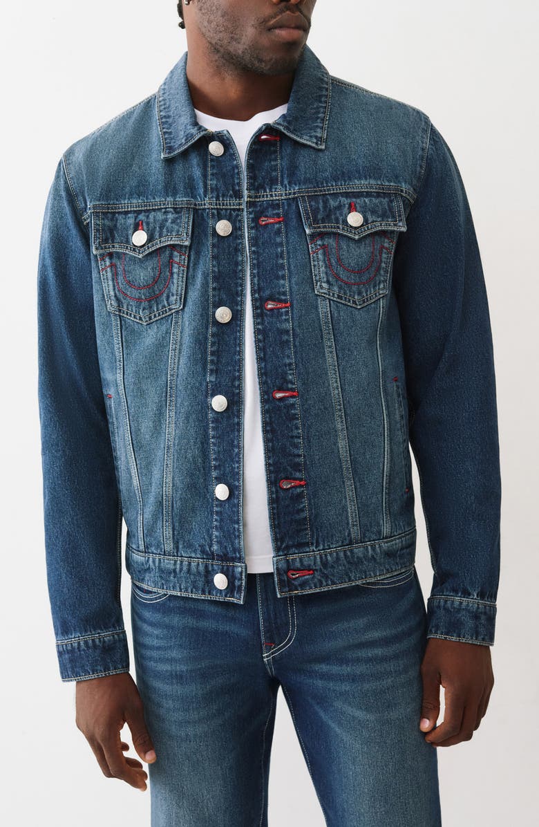 True Religion Jesse Trucker Jacket, Main, color, Dark Fir Balsam Wash
