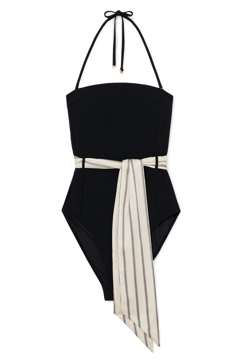 Etienne Belted Bandeau One-Piece Swimsuit, Alternate, color, BLACK PRINT
