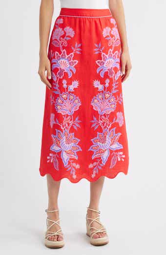 FARM Rio Porcelain Garden Floral Linen Maxi Skirt