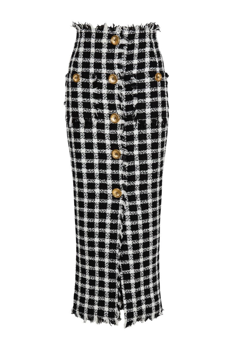 Long gingham tweed skirt, Alternate, color, black