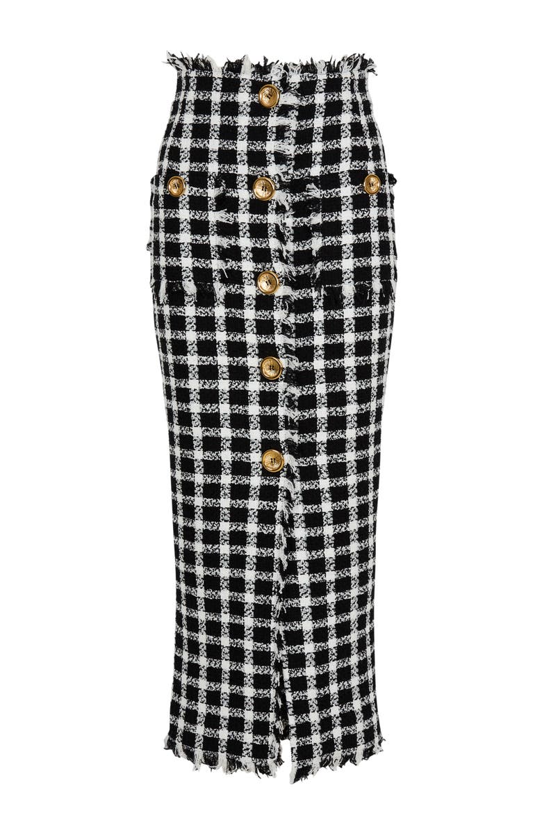 Balmain Long gingham tweed skirt, Alternate, color, Black