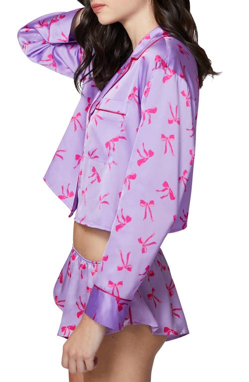 Florence By Mills Satin Sleep Crop Pajama Top In Millie Lavender Bows