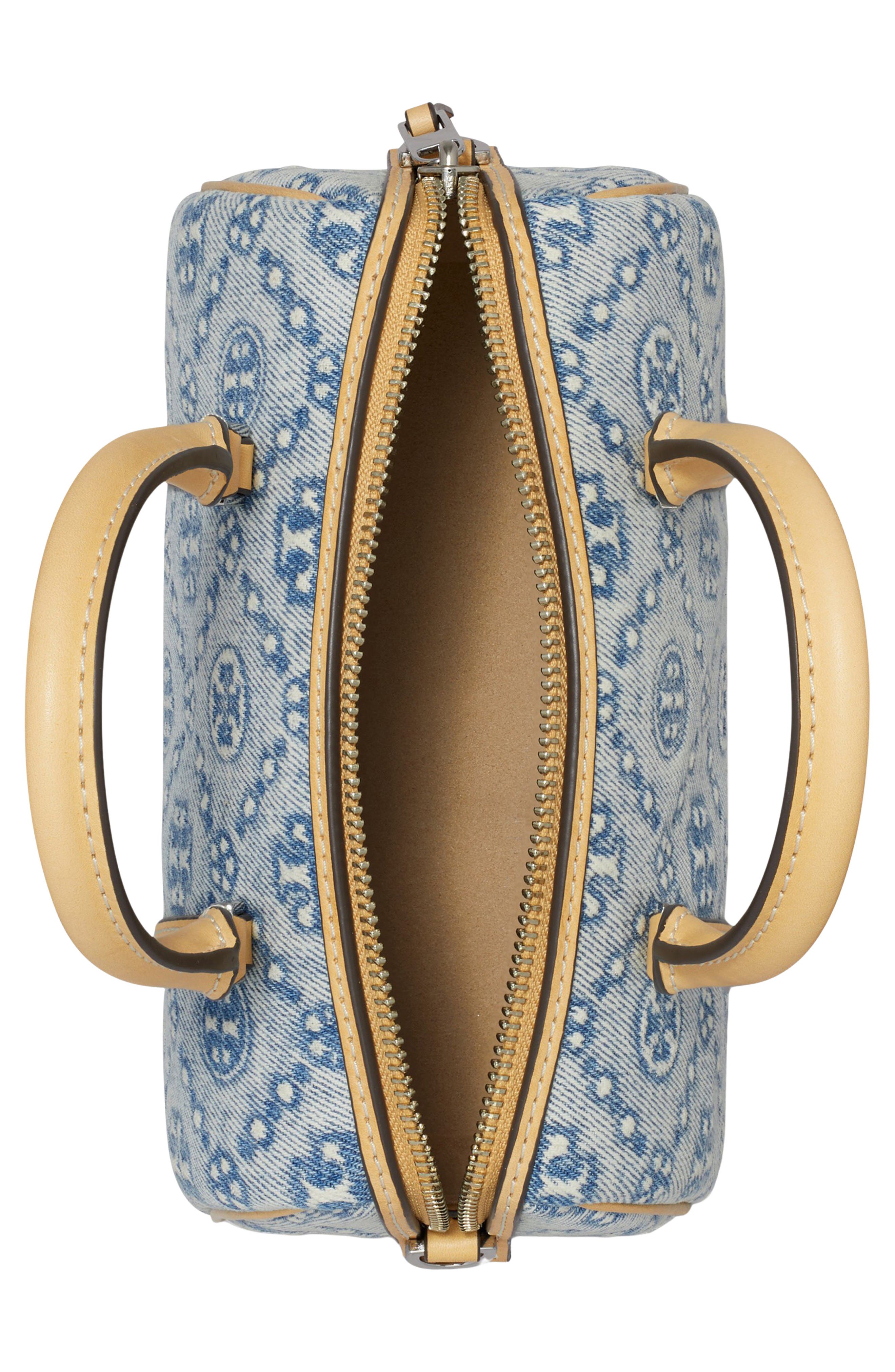 Tory Burch Mini T Monogram Denim Barrel Bag, Alternate, color, Powder Blue