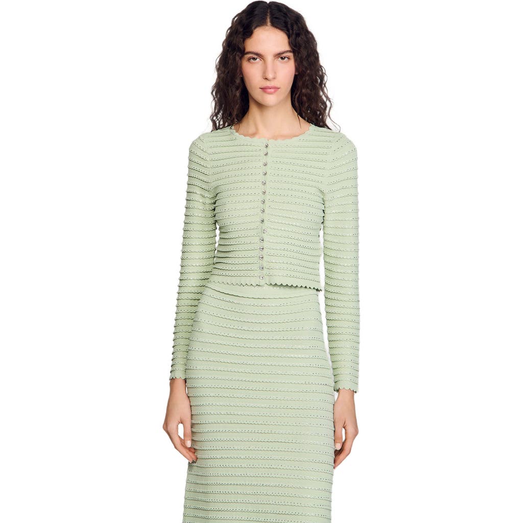 Sandro Crystal-embellished Cardigan In Almond Green