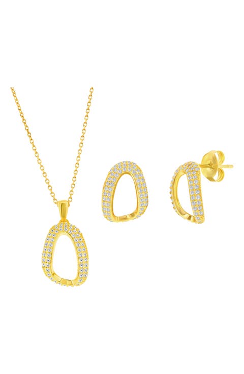 Pavé Cubic Zirconia Oval Stud Earrings & Pendant Necklace Set