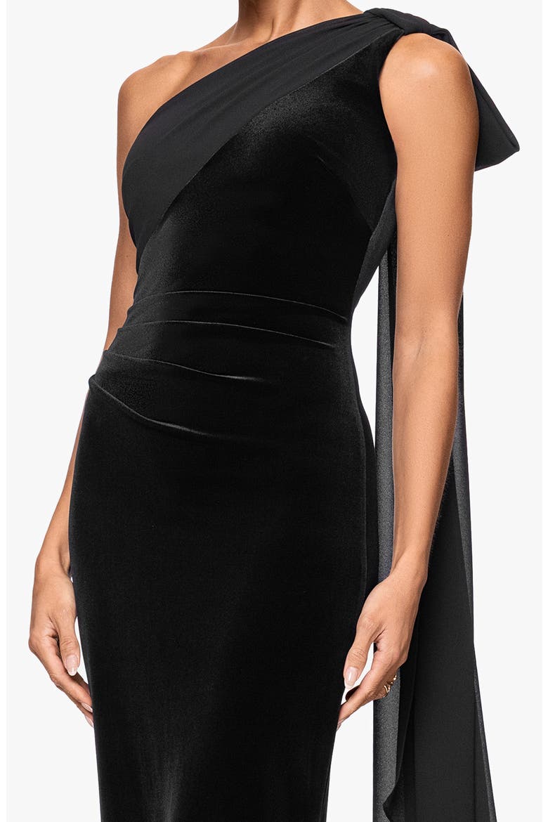 One-Shoulder Stretch Velvet Gown with Chiffon Sash, Alternate, color, BLACK