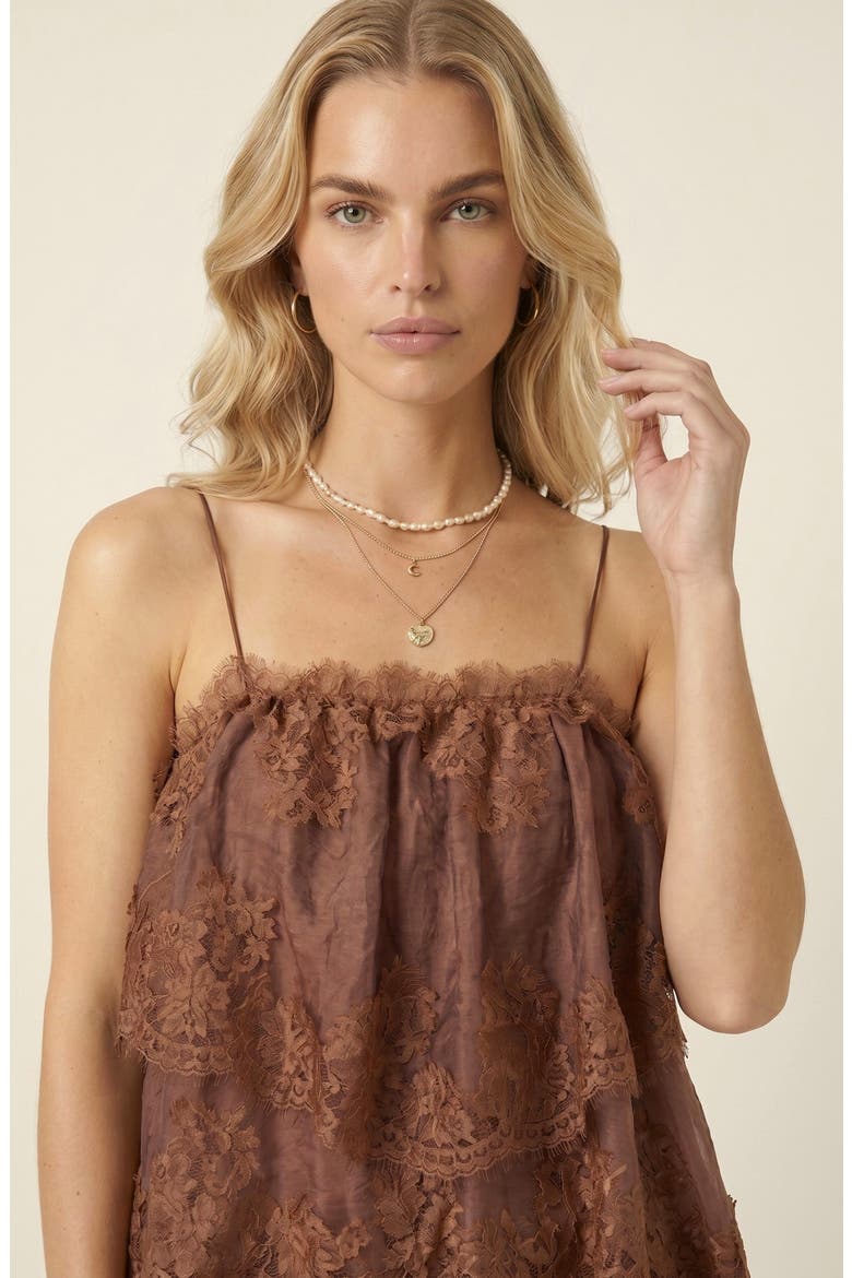 Sleeveless Lace Tiered Leaf Edge Hem Maxi Dress, Alternate, color, Brown