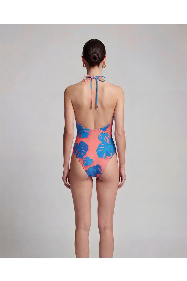 Monstera Floral Womens Halter One-Piece Swimsuit, Alternate, color, Monstera Floral Coral