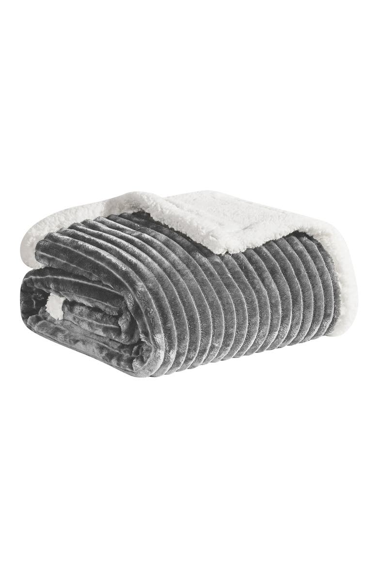 Plush Reversible Plain Weave Corduroy Faux Shearling Throw Blanket, Main, color, GREY