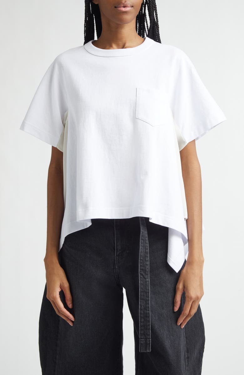 Sacai Mixed Media Cotton Jersey & Satin Pocket T-Shirt, Main, color, White