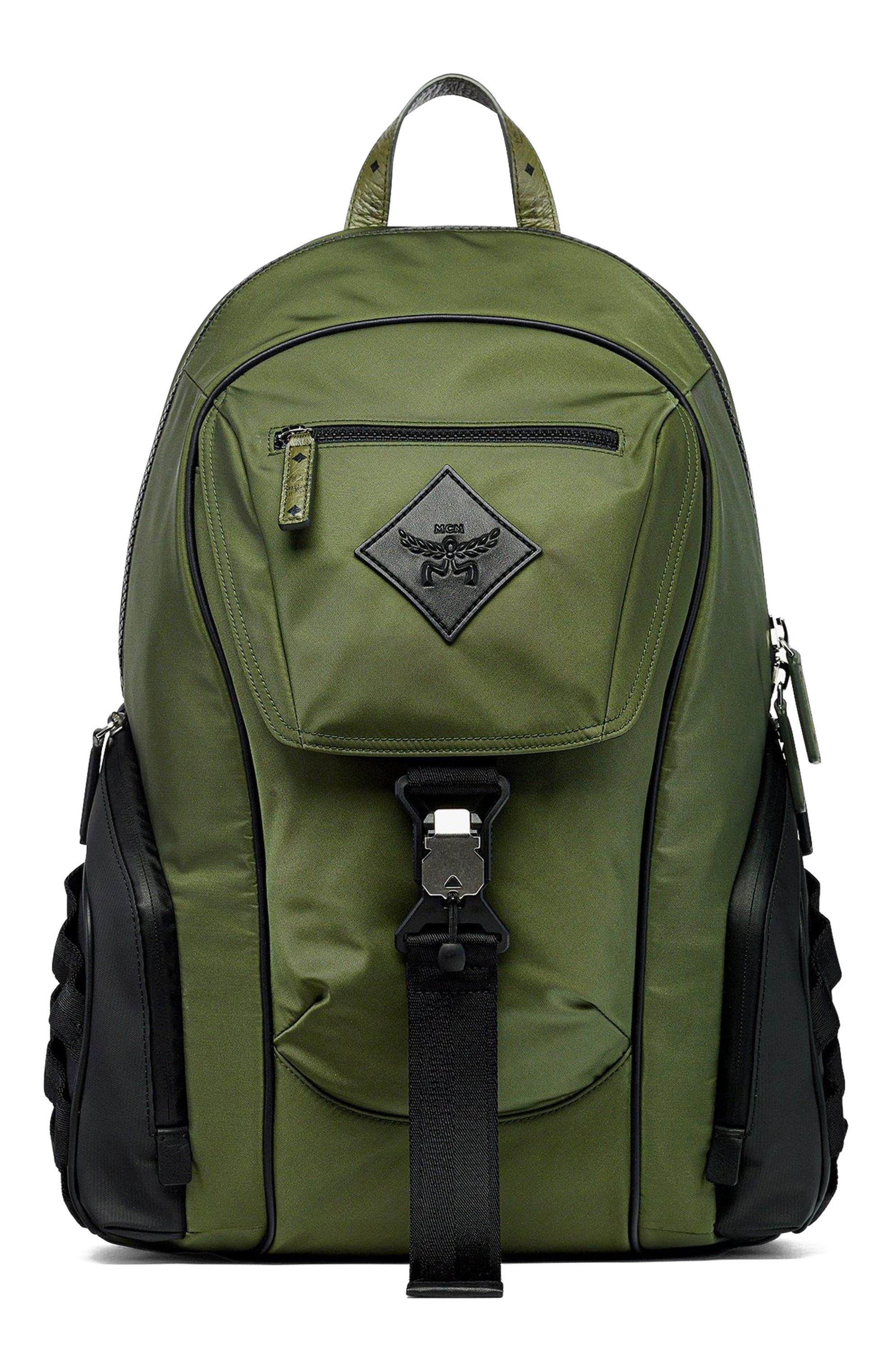 MCM Aren Backpack in ECONYLÂ<sup>®</sup> and Monogram Print Leather, Main, color, Khaki Moss