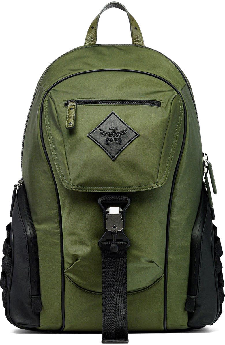 MCM Aren Backpack in ECONYLÂ<sup>®</sup> and Monogram Print Leather, Main, color, Khaki Moss