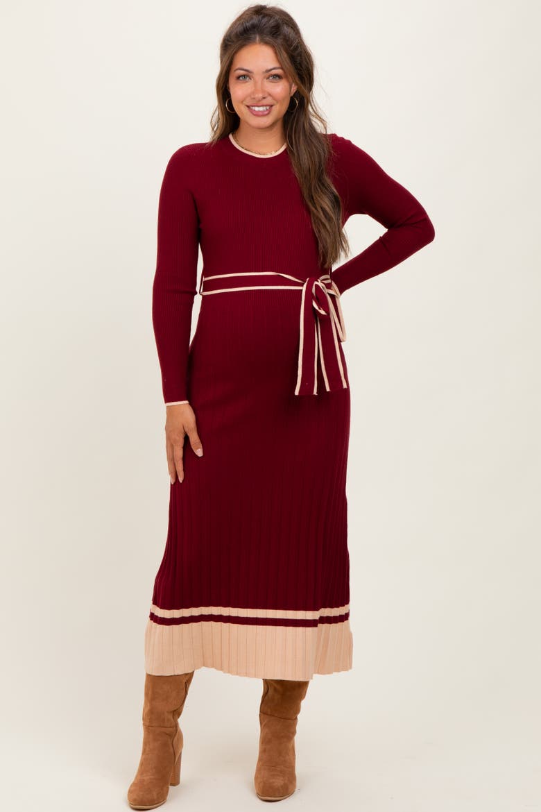 Elegant Ribbed Midi Sweater Dress With Belt, Main, color, Burgundy