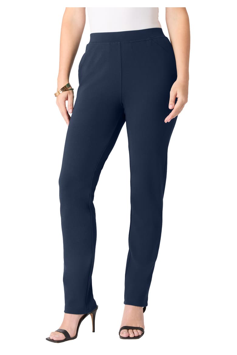 Plus Size Ponte Straight Leg Pant With Pockets And Pull On Elastic Waist, Main, color, NAVY
