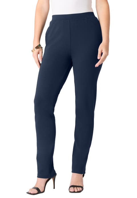 Plus Size Ponte Straight Leg Pant With Pockets And Pull On Elastic Waist