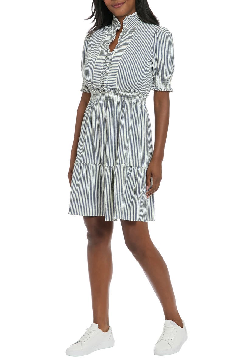 London Times Stripe Ruffle Neck Puff Shoulder A-Line Minidress, Alternate, color, Cream/ Navy