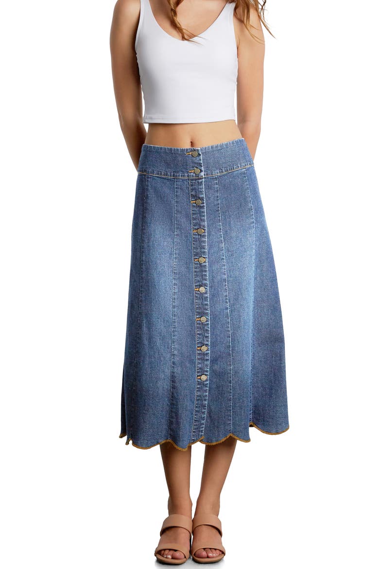 Scallop Denim Midi Skirt, Alternate, color, SHINE BLUE