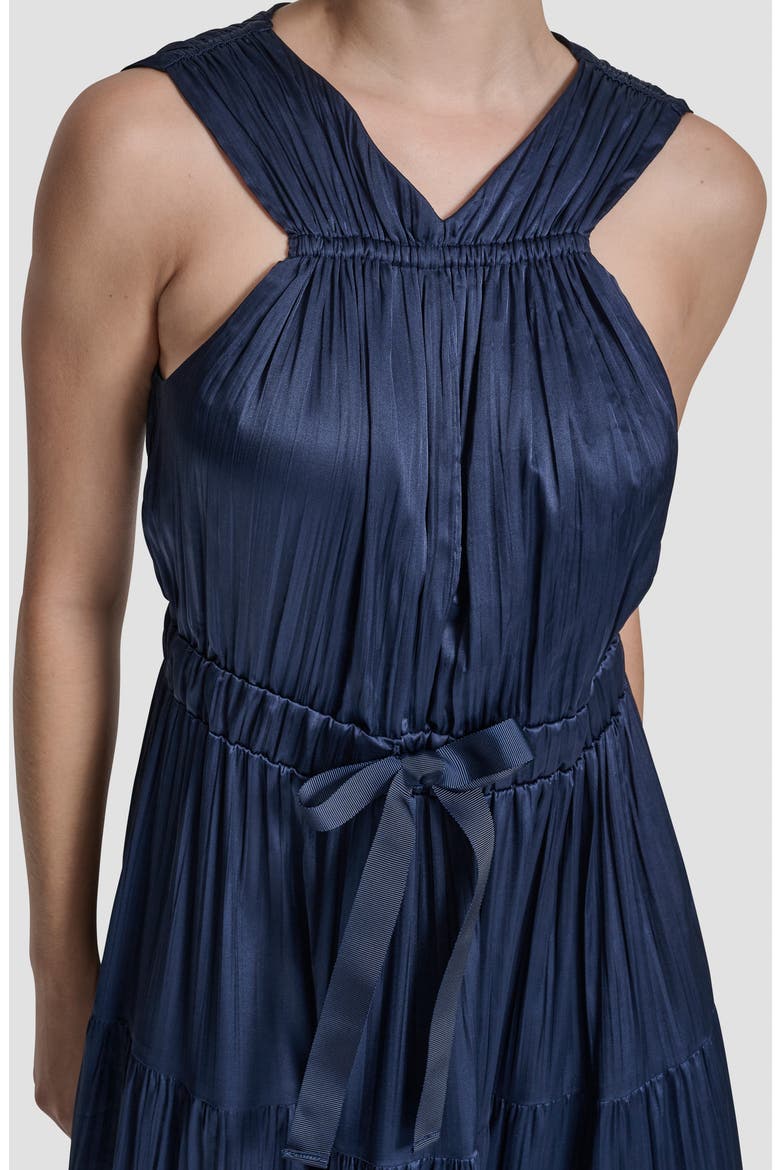 Pleated Tie Waist Satin Midi Dress, Alternate, color, HUDSON BLUE
