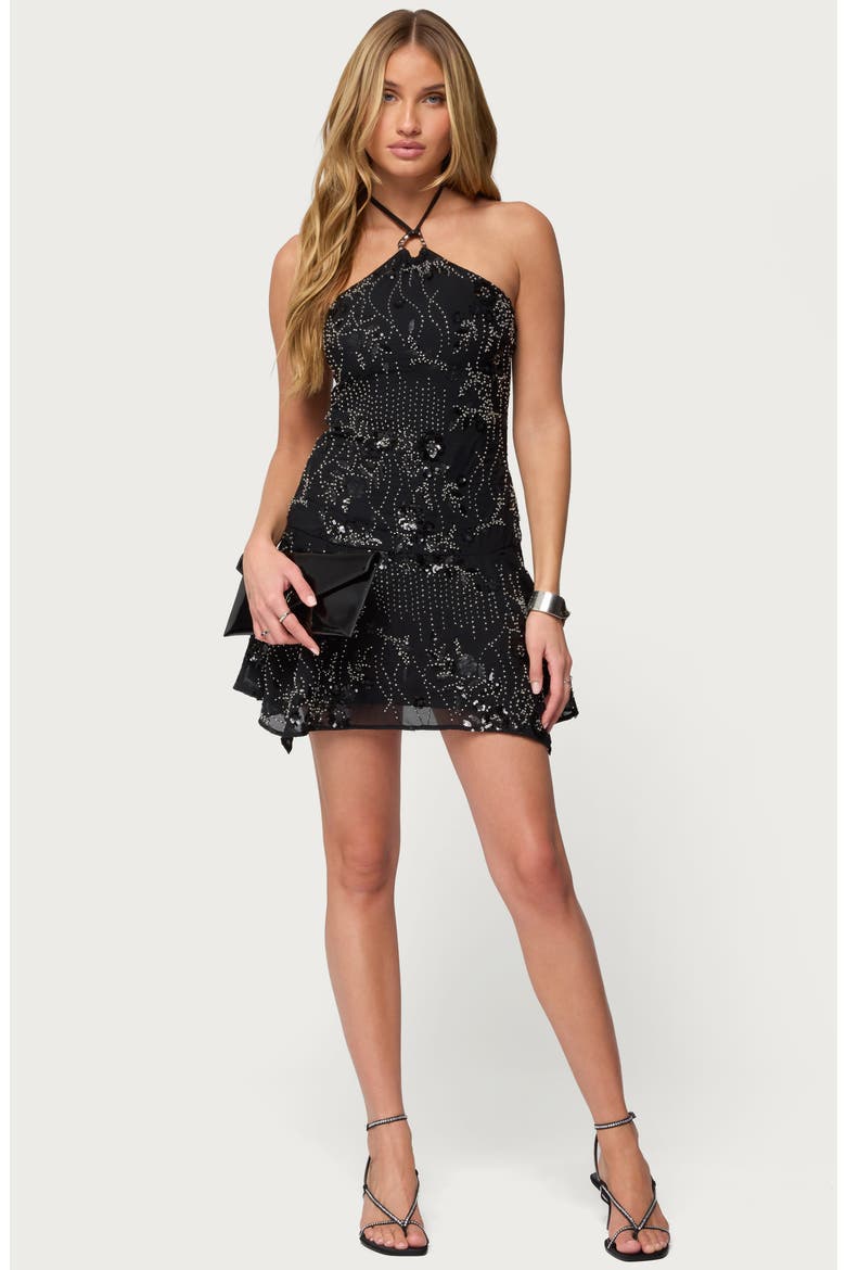 Adria Beaded Sequin Halter Minidress, Alternate, color, BLACK