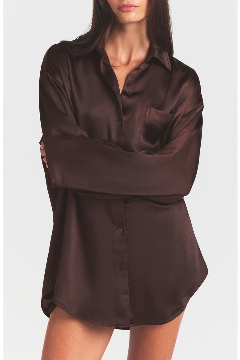 Lightweight Stretch Satin Button-Up Shirt, Main, color, ESPRESSO