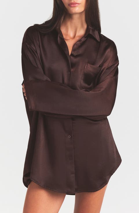 Lightweight Stretch Satin Button-Up Shirt (Regular & Plus)