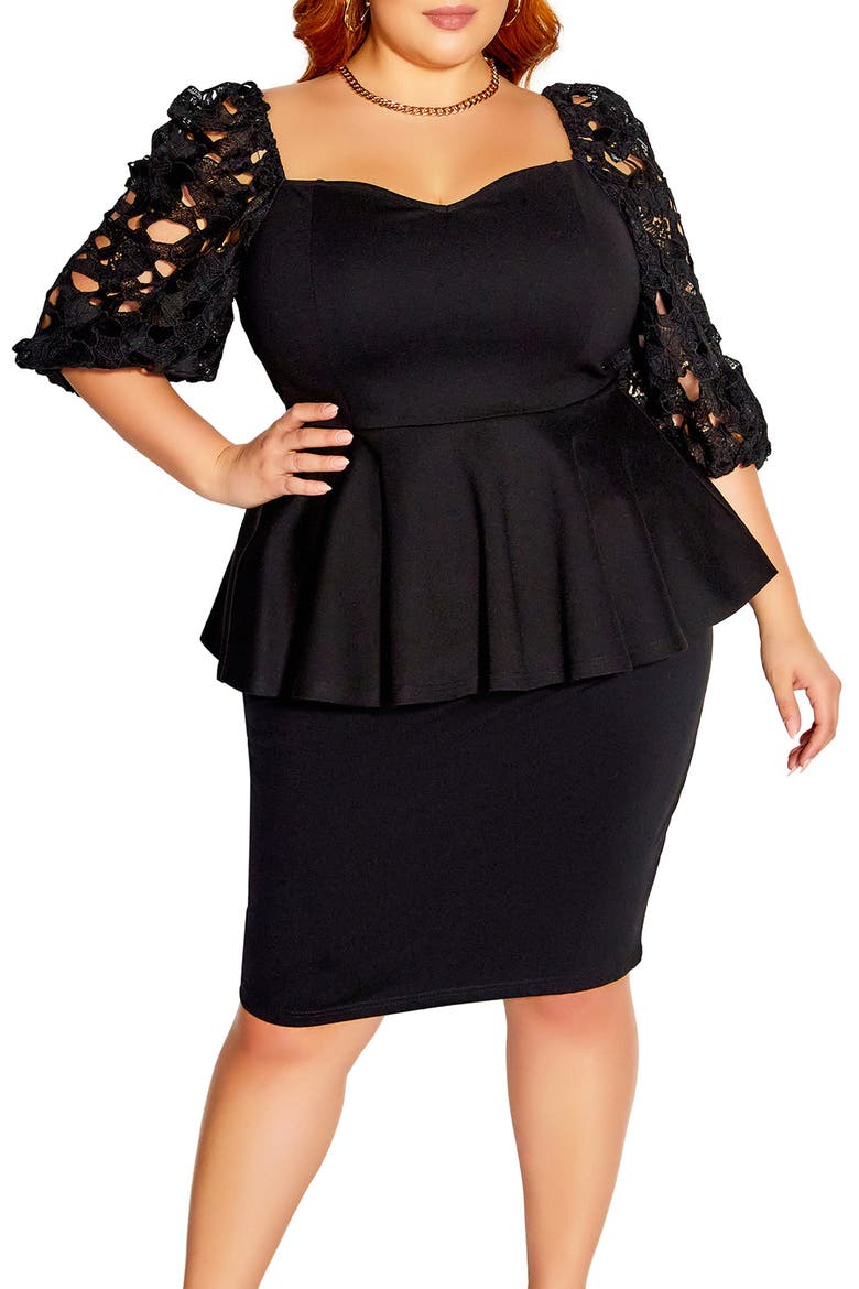Noelle Lace Sleeve Peplum Blouse, Main, color, BLACK