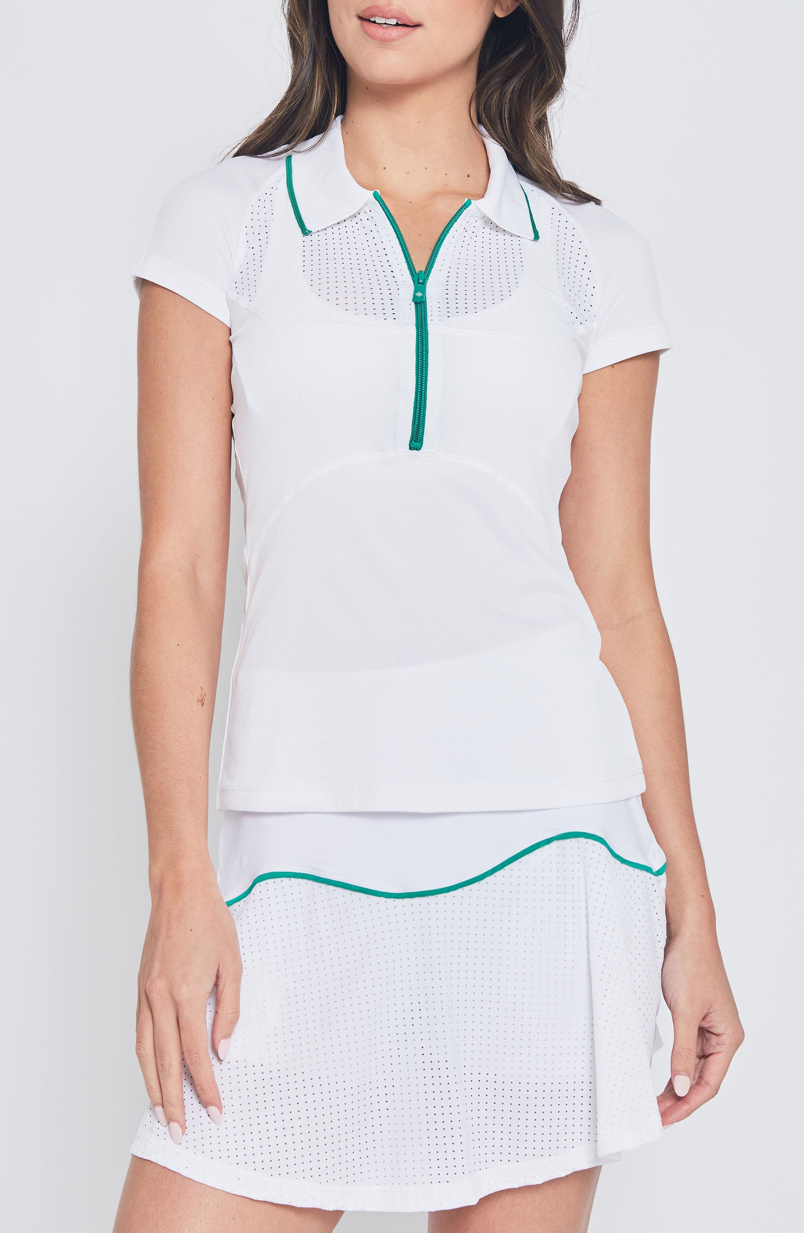 L'ETOILE SPORT MESH ZIP PERFORMANCE POLO in White With Green Trim 