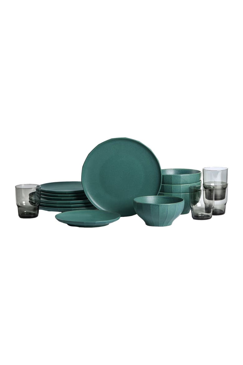 Rio Stoneware 16-Piece Dinnerware Set with Glasses, Main, color, Green