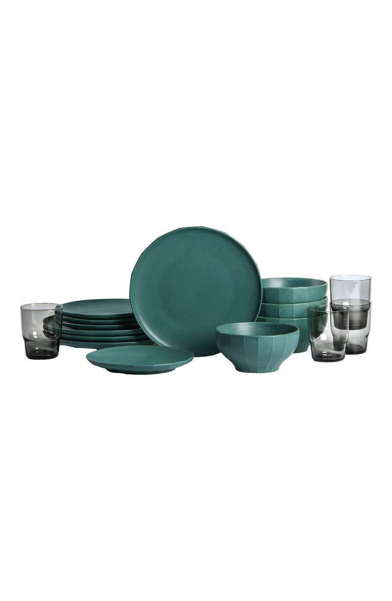 Stone Lain Rio Stoneware 16-Piece Dinnerware Set with Glasses, Main, color, Green