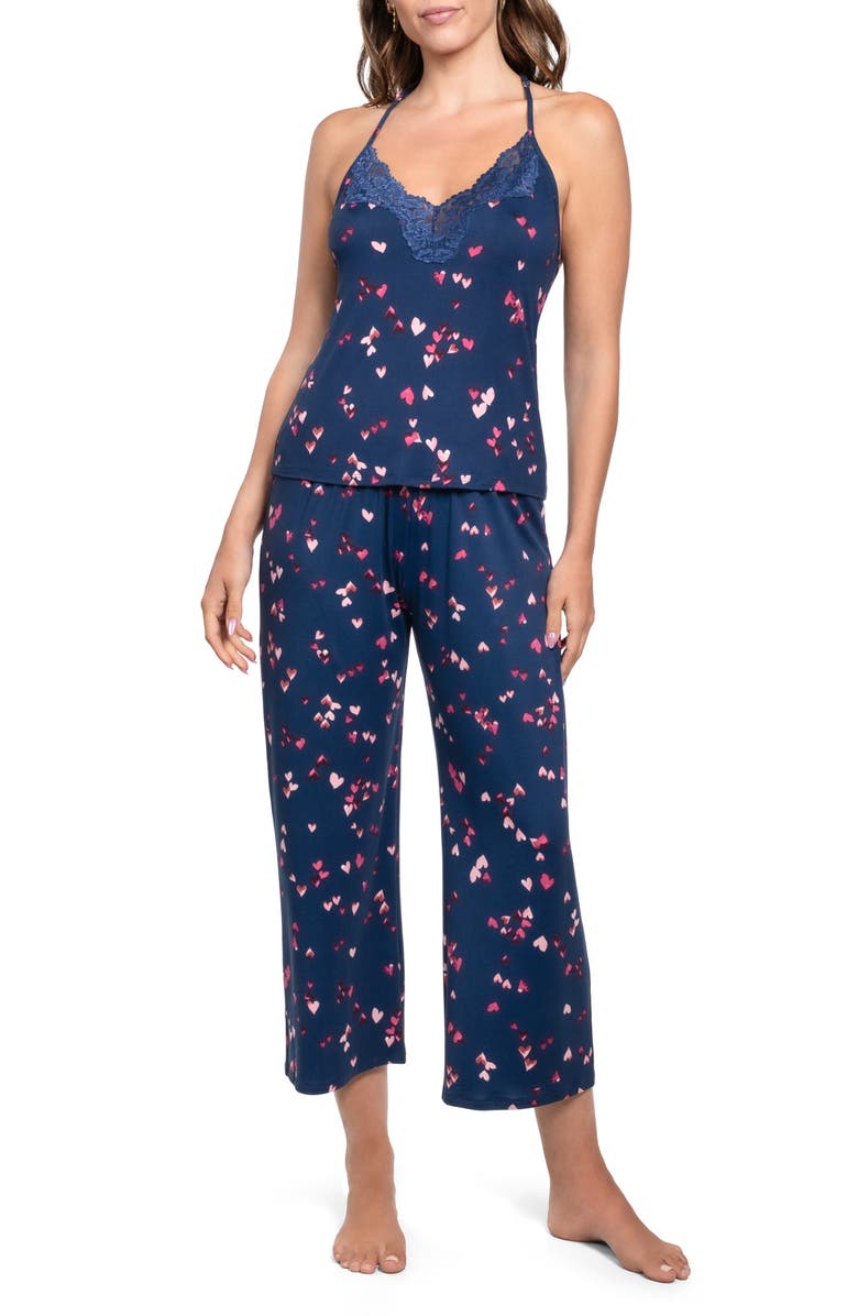 In Bloom by Jonquil Lace Trim Heart Long Pajamas, Main, color, Navy Print