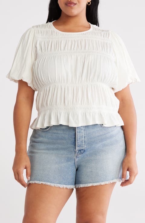 Shirred Puff Sleeve Cotton Top (Plus)
