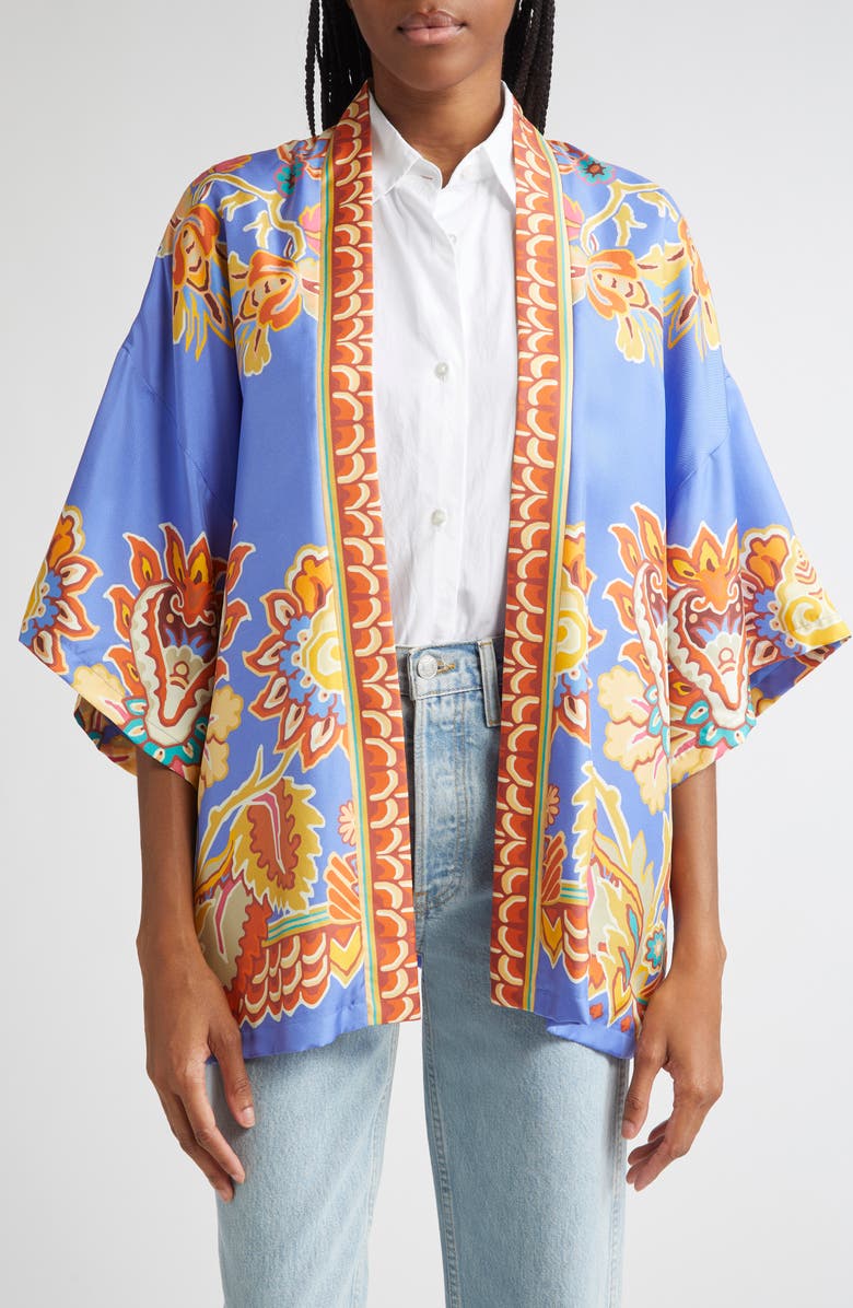 Etro Paisley Print Open Front Silk Twill Jacket, Main, color, Printed Azure Base