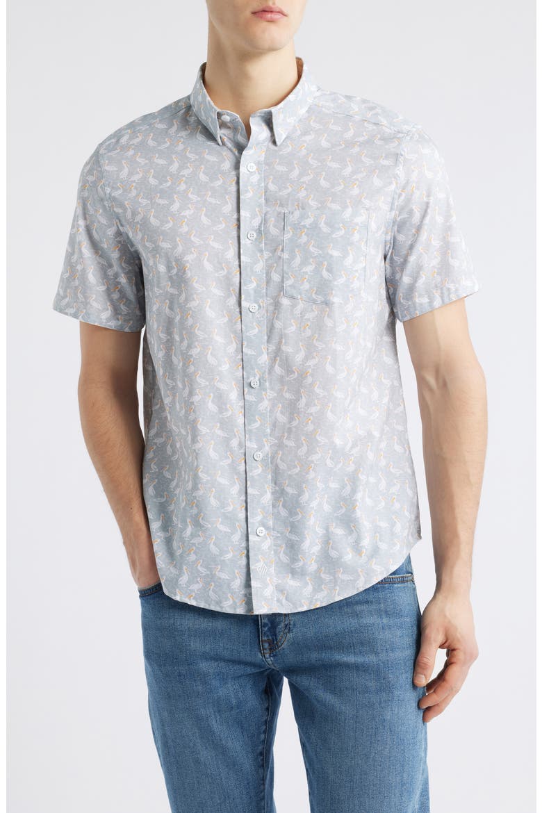 Pelican Print Short Sleeve Button Down Shirt, Main, color, GRAY