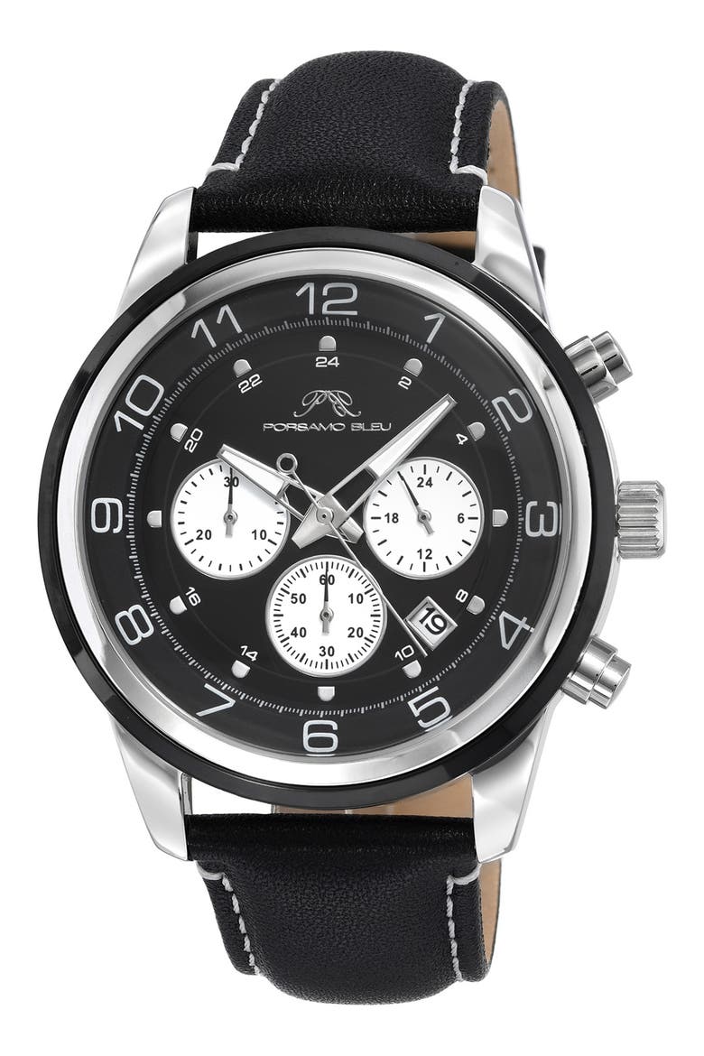 Men's Arthur Chronograph Leather Strap Watch, 44mm, Main, color, BLACK