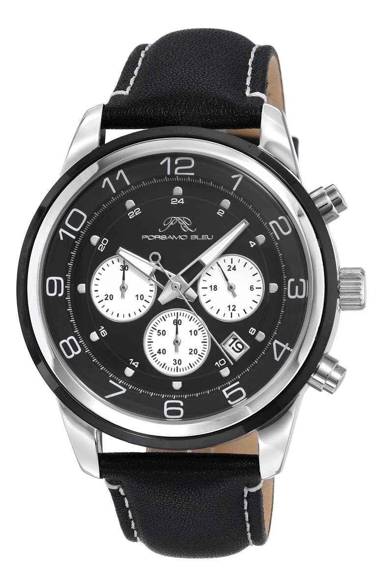 PORSAMO BLEU Men's Arthur Chronograph Leather Strap Watch, 44mm, Main, color, Black