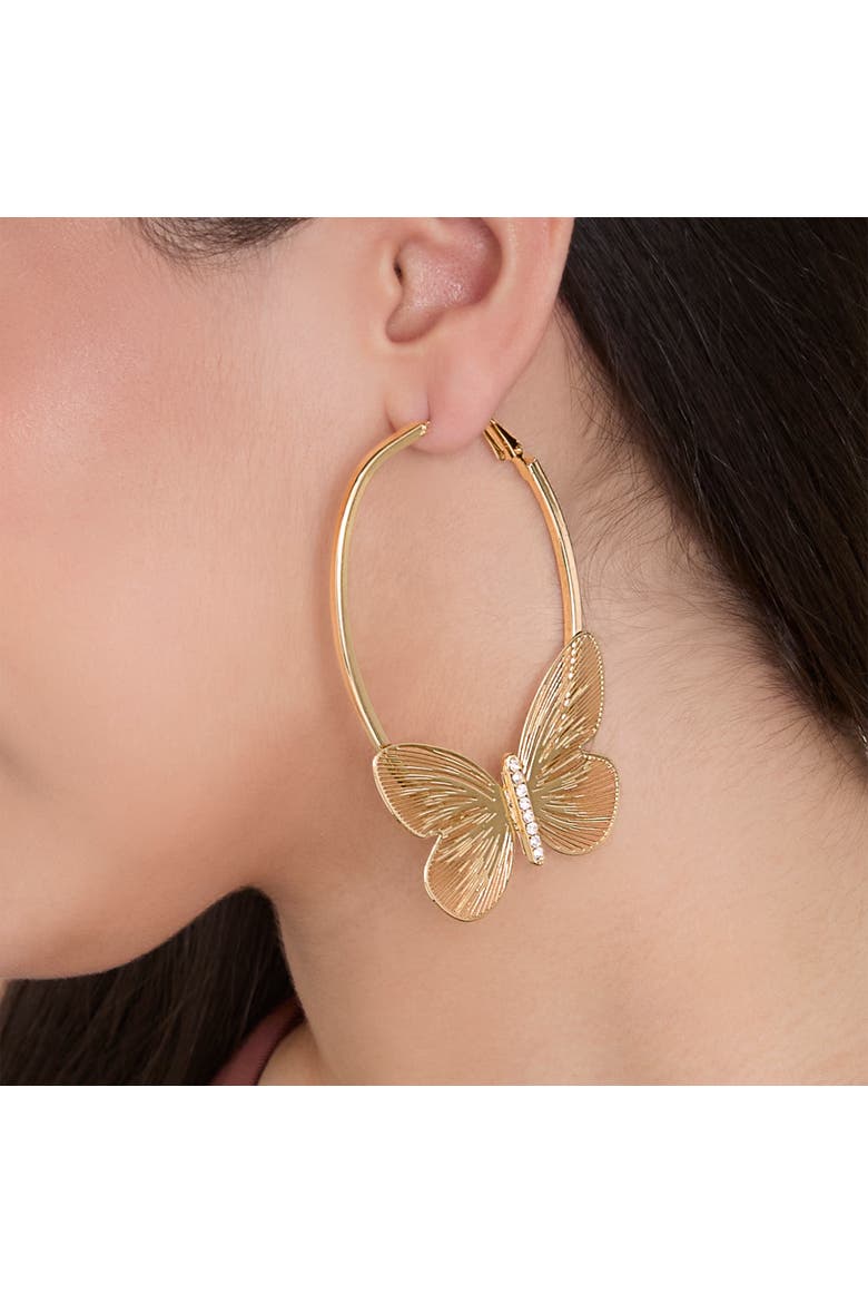 Butterfly Hoop Earrings with Clear Crystal, Alternate, color, Gold