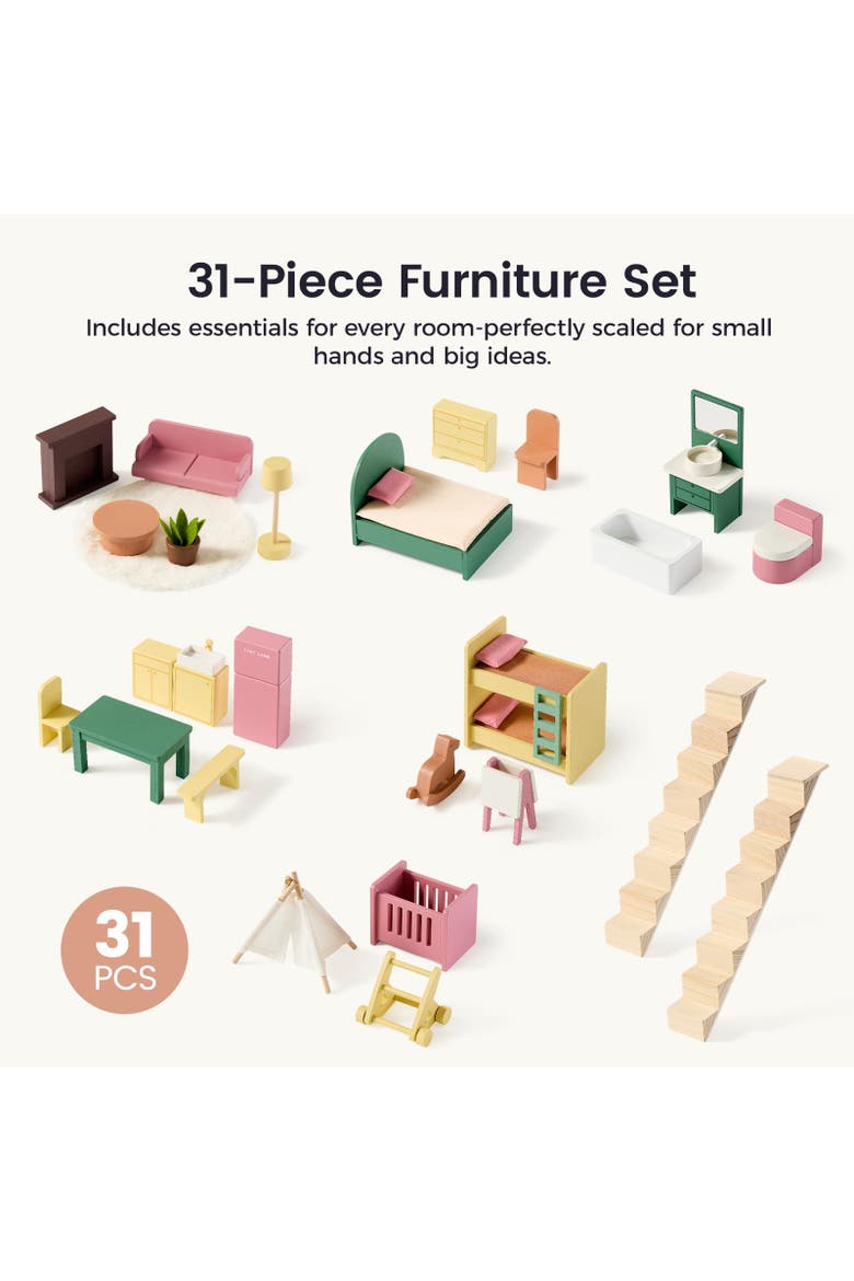6 Room Wooden Dollhouse Set with 31 Piece Furniture for Kids, Alternate, color, Multicolor