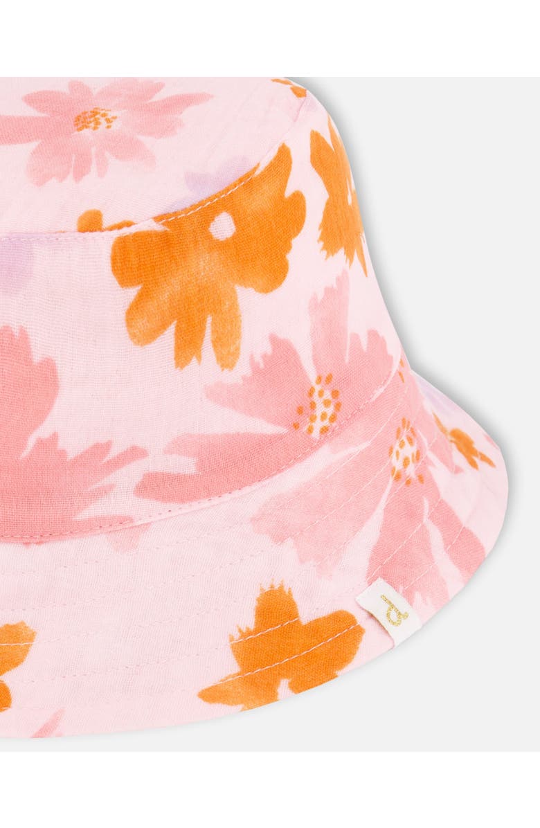 Deux par Deux Little Girl's Printed Muslin Bucket Hat Pink And Coral Flowers, Alternate, color,