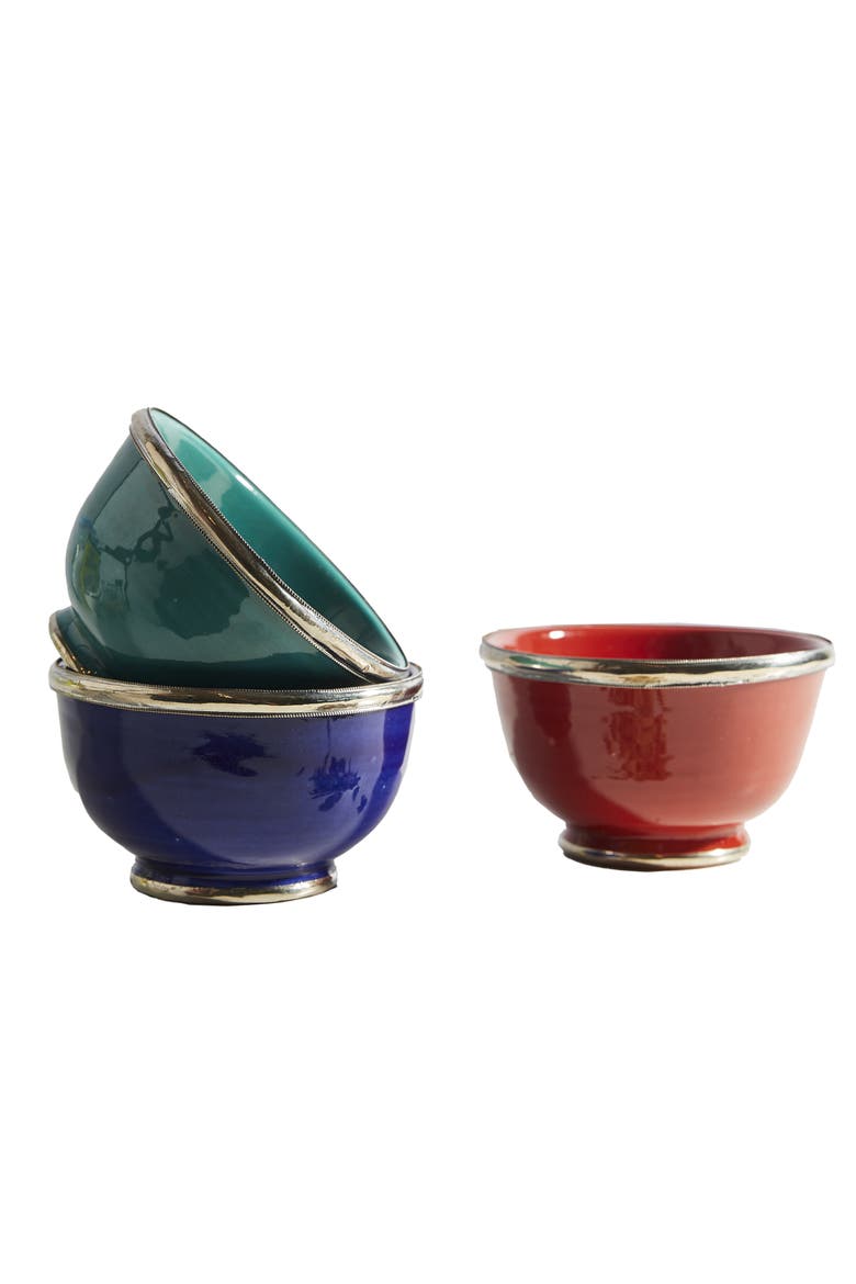Set of Moroccan Glazed Bowls with Berber Silver Trim, Main, color, RED